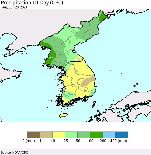Korea Precipitation 10-Day (CPC) Thematic Map For 8/11/2023 - 8/20/2023