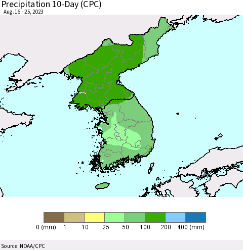 Korea Precipitation 10-Day (CPC) Thematic Map For 8/16/2023 - 8/25/2023