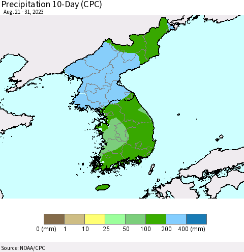 Korea Precipitation 10-Day (CPC) Thematic Map For 8/21/2023 - 8/31/2023