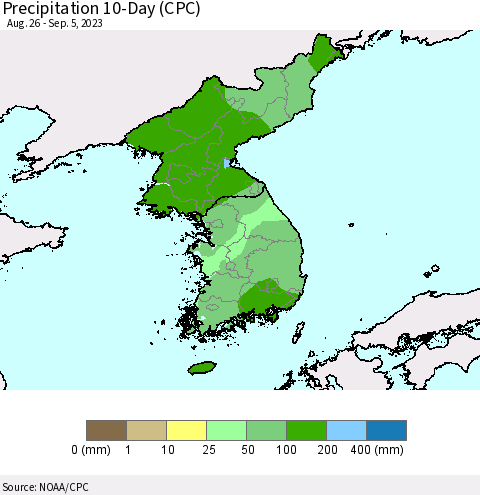 Korea Precipitation 10-Day (CPC) Thematic Map For 8/26/2023 - 9/5/2023