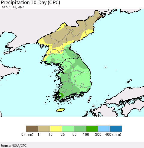 Korea Precipitation 10-Day (CPC) Thematic Map For 9/6/2023 - 9/15/2023