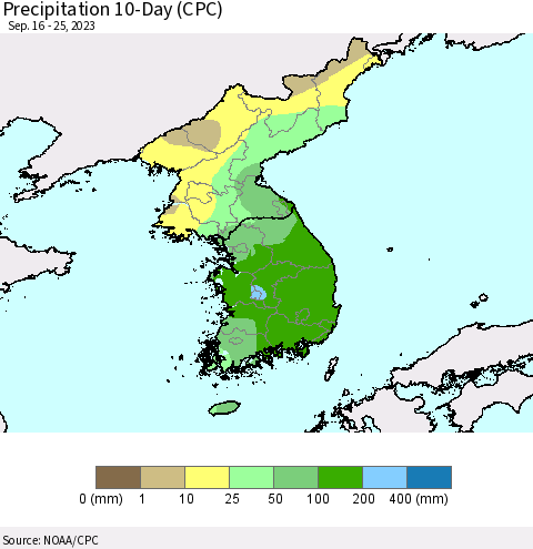 Korea Precipitation 10-Day (CPC) Thematic Map For 9/16/2023 - 9/25/2023