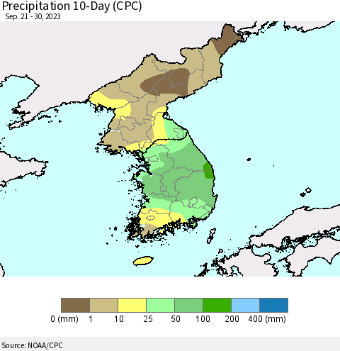 Korea Precipitation 10-Day (CPC) Thematic Map For 9/21/2023 - 9/30/2023