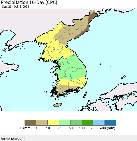 Korea Precipitation 10-Day (CPC) Thematic Map For 9/26/2023 - 10/5/2023