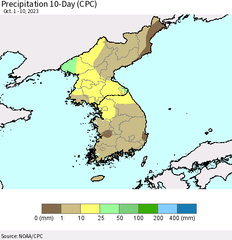 Korea Precipitation 10-Day (CPC) Thematic Map For 10/1/2023 - 10/10/2023