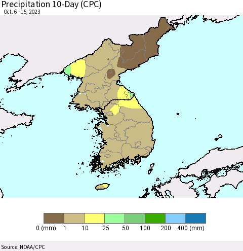 Korea Precipitation 10-Day (CPC) Thematic Map For 10/6/2023 - 10/15/2023