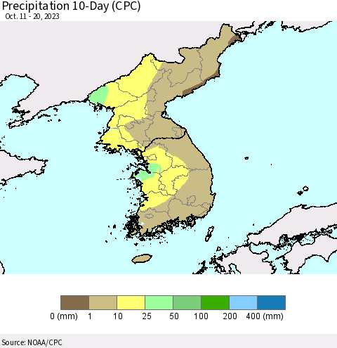 Korea Precipitation 10-Day (CPC) Thematic Map For 10/11/2023 - 10/20/2023
