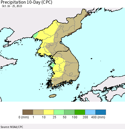 Korea Precipitation 10-Day (CPC) Thematic Map For 10/16/2023 - 10/25/2023