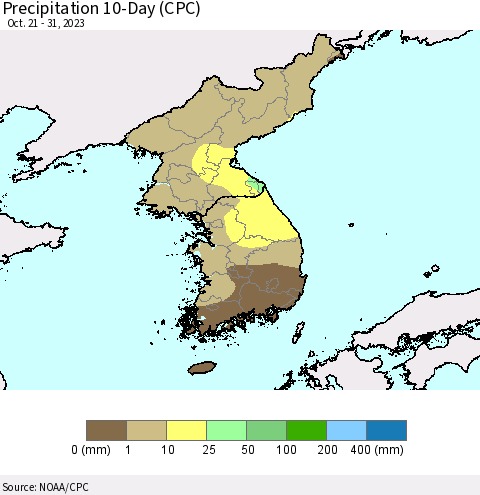 Korea Precipitation 10-Day (CPC) Thematic Map For 10/21/2023 - 10/31/2023
