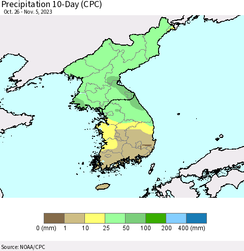 Korea Precipitation 10-Day (CPC) Thematic Map For 10/26/2023 - 11/5/2023