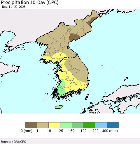 Korea Precipitation 10-Day (CPC) Thematic Map For 11/11/2023 - 11/20/2023