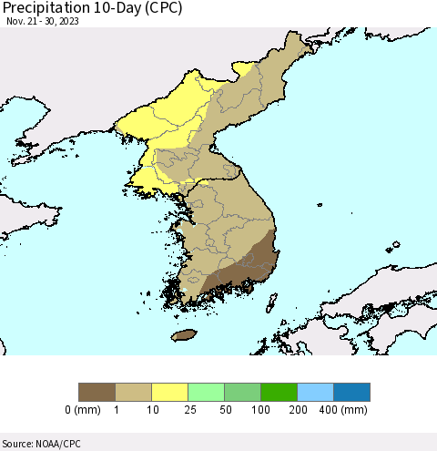 Korea Precipitation 10-Day (CPC) Thematic Map For 11/21/2023 - 11/30/2023