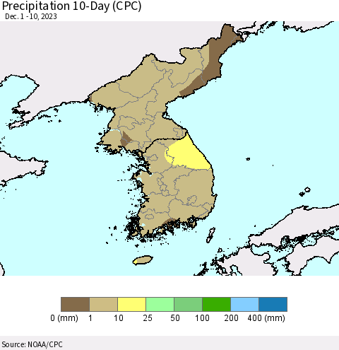 Korea Precipitation 10-Day (CPC) Thematic Map For 12/1/2023 - 12/10/2023