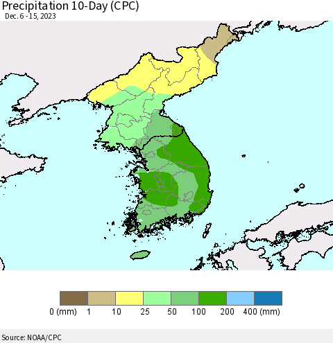 Korea Precipitation 10-Day (CPC) Thematic Map For 12/6/2023 - 12/15/2023