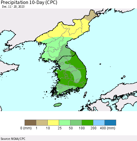 Korea Precipitation 10-Day (CPC) Thematic Map For 12/11/2023 - 12/20/2023