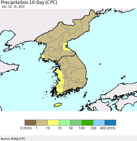Korea Precipitation 10-Day (CPC) Thematic Map For 12/16/2023 - 12/25/2023