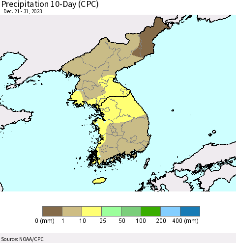 Korea Precipitation 10-Day (CPC) Thematic Map For 12/21/2023 - 12/31/2023