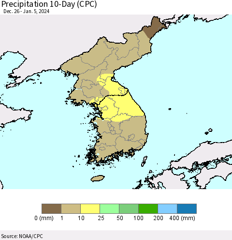 Korea Precipitation 10-Day (CPC) Thematic Map For 12/26/2023 - 1/5/2024