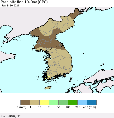 Korea Precipitation 10-Day (CPC) Thematic Map For 1/1/2024 - 1/10/2024