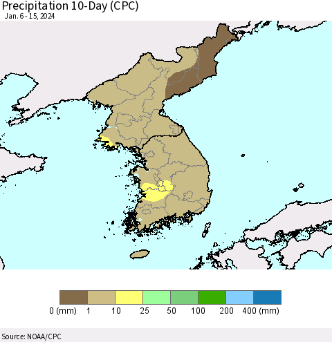 Korea Precipitation 10-Day (CPC) Thematic Map For 1/6/2024 - 1/15/2024