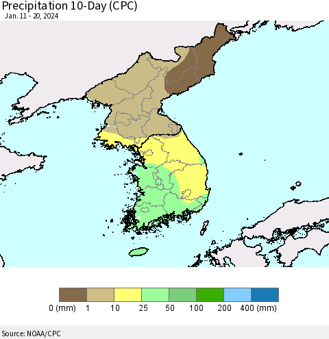 Korea Precipitation 10-Day (CPC) Thematic Map For 1/11/2024 - 1/20/2024