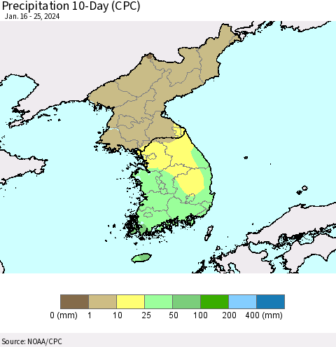 Korea Precipitation 10-Day (CPC) Thematic Map For 1/16/2024 - 1/25/2024