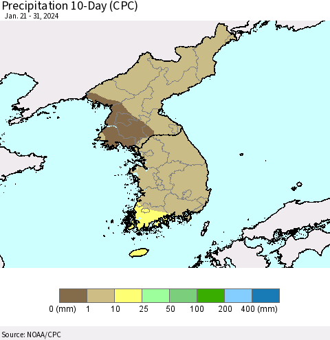 Korea Precipitation 10-Day (CPC) Thematic Map For 1/21/2024 - 1/31/2024