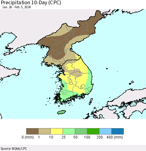 Korea Precipitation 10-Day (CPC) Thematic Map For 1/26/2024 - 2/5/2024