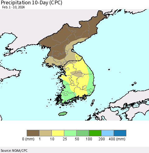 Korea Precipitation 10-Day (CPC) Thematic Map For 2/1/2024 - 2/10/2024