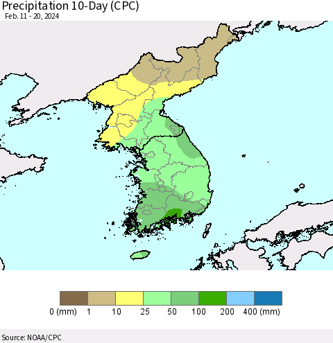 Korea Precipitation 10-Day (CPC) Thematic Map For 2/11/2024 - 2/20/2024