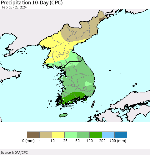 Korea Precipitation 10-Day (CPC) Thematic Map For 2/16/2024 - 2/25/2024