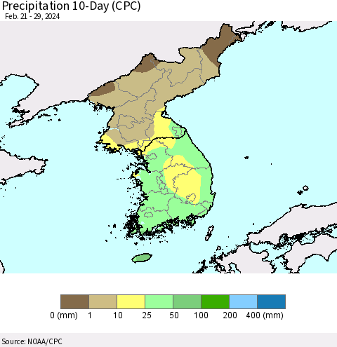 Korea Precipitation 10-Day (CPC) Thematic Map For 2/21/2024 - 2/29/2024