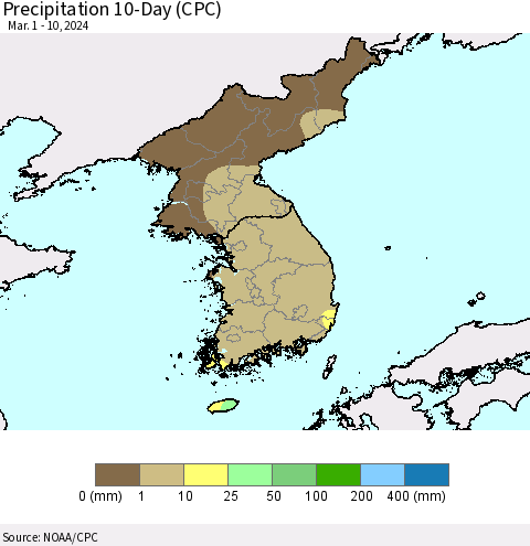 Korea Precipitation 10-Day (CPC) Thematic Map For 3/1/2024 - 3/10/2024