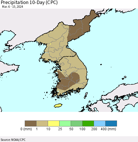 Korea Precipitation 10-Day (CPC) Thematic Map For 3/6/2024 - 3/15/2024