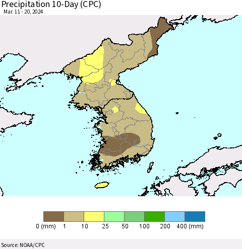 Korea Precipitation 10-Day (CPC) Thematic Map For 3/11/2024 - 3/20/2024