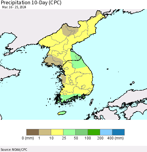 Korea Precipitation 10-Day (CPC) Thematic Map For 3/16/2024 - 3/25/2024