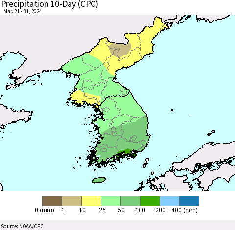 Korea Precipitation 10-Day (CPC) Thematic Map For 3/21/2024 - 3/31/2024