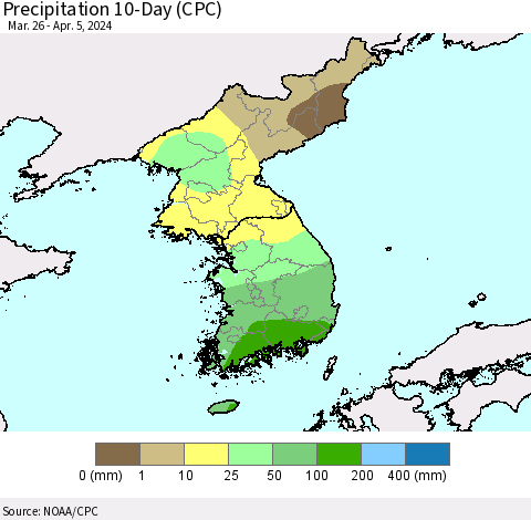 Korea Precipitation 10-Day (CPC) Thematic Map For 3/26/2024 - 4/5/2024