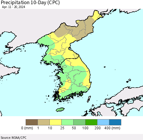 Korea Precipitation 10-Day (CPC) Thematic Map For 4/11/2024 - 4/20/2024