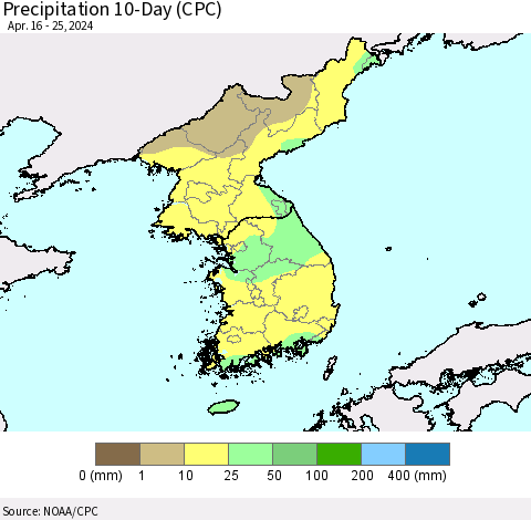 Korea Precipitation 10-Day (CPC) Thematic Map For 4/16/2024 - 4/25/2024