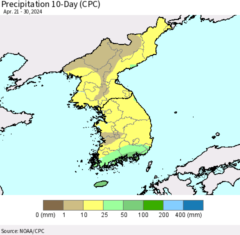 Korea Precipitation 10-Day (CPC) Thematic Map For 4/21/2024 - 4/30/2024