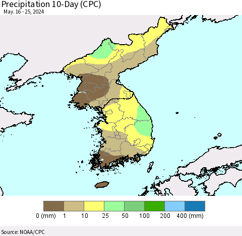 Korea Precipitation 10-Day (CPC) Thematic Map For 5/16/2024 - 5/25/2024