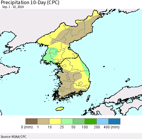 Korea Precipitation 10-Day (CPC) Thematic Map For 9/1/2024 - 9/10/2024
