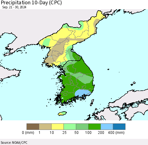 Korea Precipitation 10-Day (CPC) Thematic Map For 9/21/2024 - 9/30/2024