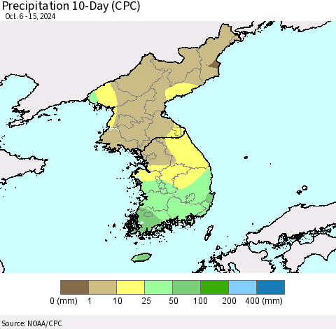 Korea Precipitation 10-Day (CPC) Thematic Map For 10/6/2024 - 10/15/2024