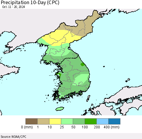 Korea Precipitation 10-Day (CPC) Thematic Map For 10/11/2024 - 10/20/2024