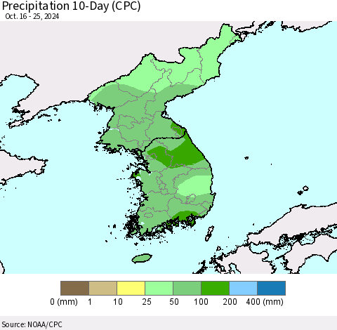 Korea Precipitation 10-Day (CPC) Thematic Map For 10/16/2024 - 10/25/2024