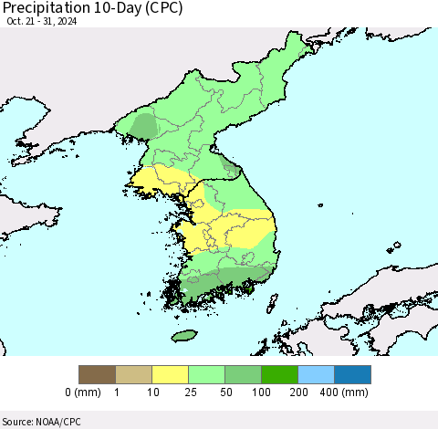 Korea Precipitation 10-Day (CPC) Thematic Map For 10/21/2024 - 10/31/2024