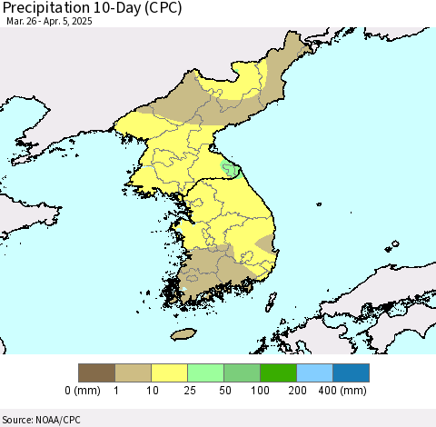 Korea Precipitation 10-Day (CPC) Thematic Map For 3/26/2025 - 4/5/2025