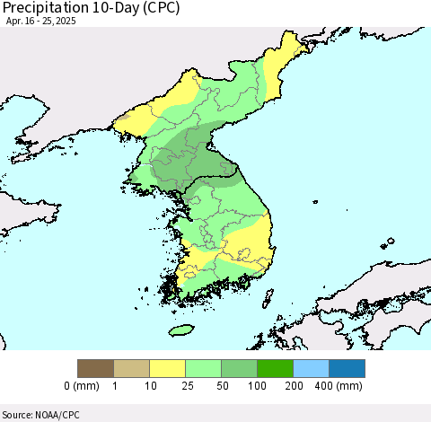 Korea Precipitation 10-Day (CPC) Thematic Map For 4/16/2025 - 4/25/2025
